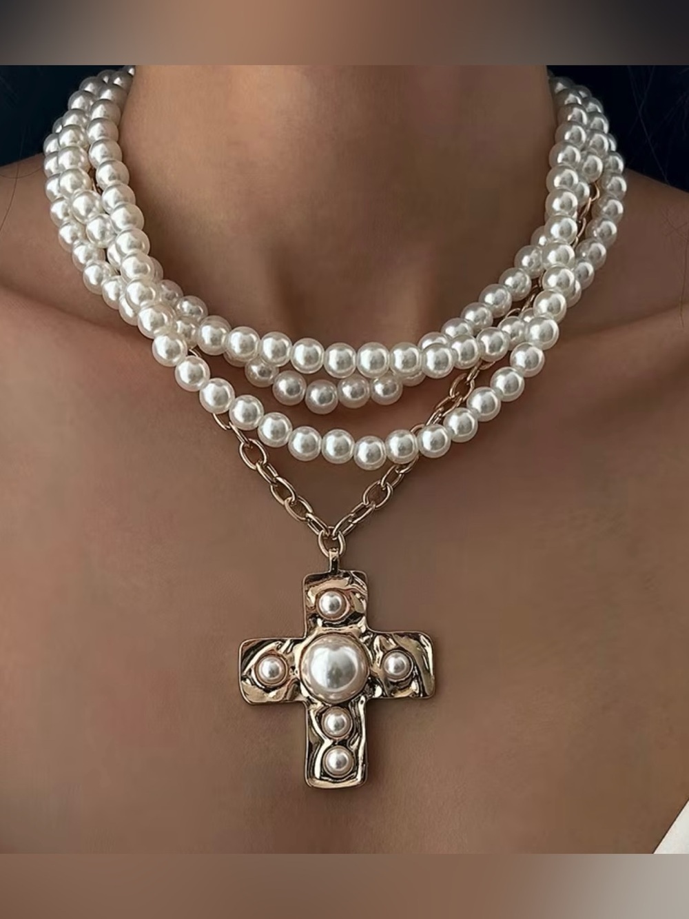NEW! Elegant White Pearl Layered Necklace with Gold Cross Pendant A9-289 - Picture 2 of 3